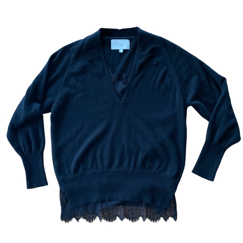 Brochu Walker The Lace Vee Looker Pullover Sweater Black Wool & Cashmere Small